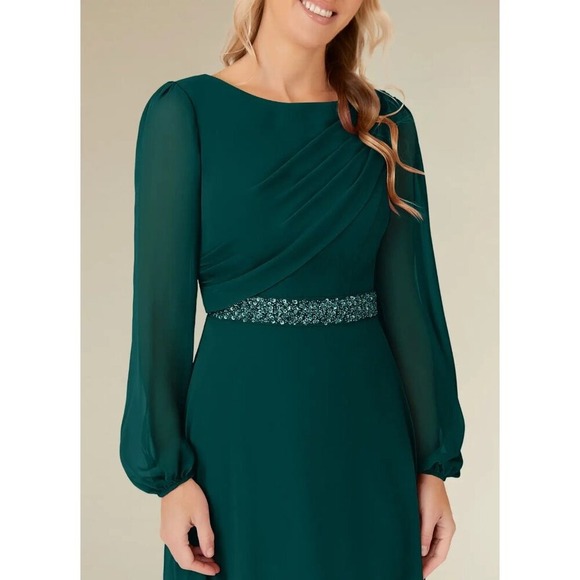 Azazie Priyanka Peacock A-Line Boatneck Pleated Chiffon Maxi Dress - Picture 3 of 8